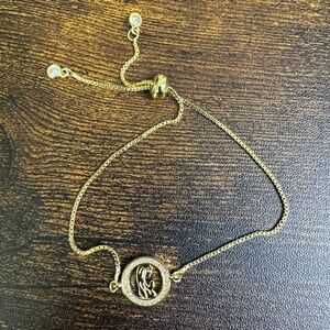 Virgin Mary Gold Tone Steel Slide Bracelet Crystal Halo Prayer Religious 4-9”